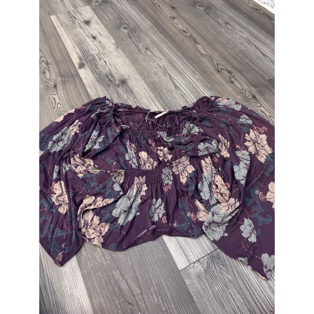 Free People Plum Purple Floral Smocked Waist Bell Sleeve Boho Blouse Top Small